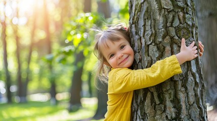 Little girl in yellow dress showing love for nature by hugging a tree. Sunny park day with a joyful child embracing a tree. Young nature enthusiast expresses happiness with a tree hug.