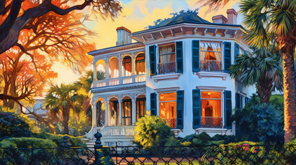 Painting of a beautiful southern mansion with a blue sky and palm trees in the background.