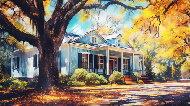 Watercolor painting of a southern plantation house in autumn with blue sky