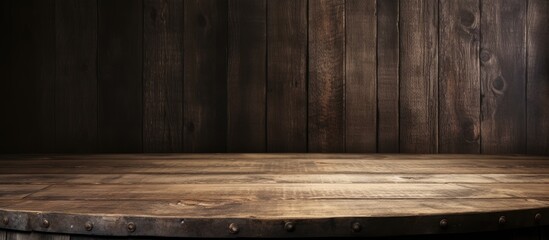 A round wooden table is positioned in front of a textured wooden wall, creating a rustic and charming setting.