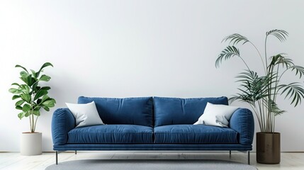 Dark blue sofa with white pillows and large indoor plants in pots against a white wall in the interior of modern living room