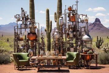 Foto auf Acrylglas Surreal desert landscape with steampunk furniture and cacti © sakina