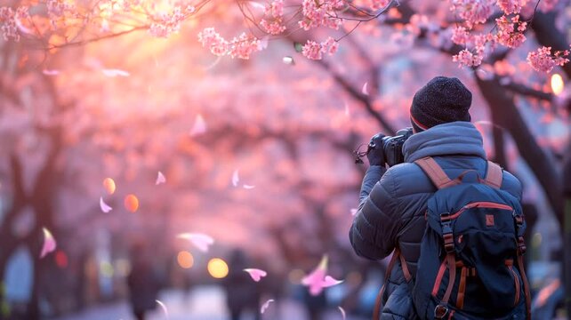 Cameraman taking picture in spring. Seamless looping time-lapse 4k video animation background