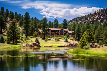 Modern mountain home nestled in the Rocky Mountains with lake and pine trees
