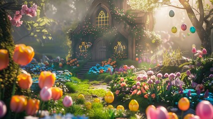 Fototapeta na wymiar An Easter-themed illustration, easter hut and garden