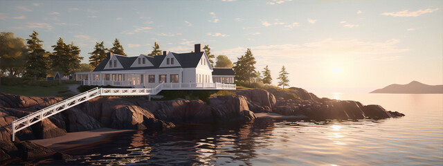 3D rendering of a beautiful house on a rocky coast with a large body of water and mountains in the background.