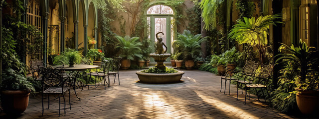 Courtyard with fountain, plants, and chairs in the art style of realism with a focus on nature and light. - obrazy, fototapety, plakaty