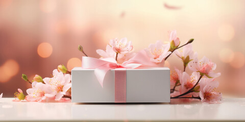 White gift box with a bow and pink cherry blossoms on the table. Spring holidays and gifts.