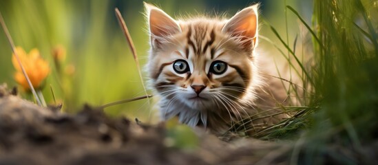 Fototapeta premium A male kitten, full of anticipation, leisurely strolls through the lush green grass in this charming scene.
