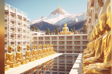 3D rendering of a buddhist temple with golden statues of Buddha in a serene mountain landscape. - obrazy, fototapety, plakaty