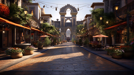 An ancient oriental city street with shops and cafes in the middle ages, 3d illustration