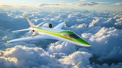 a luxury green and white furturistic stealth jet flying in above the sea of clouds with rainbow and...
