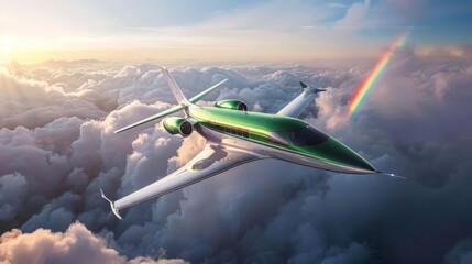 a luxury green and white furturistic stealth jet flying in above the sea of clouds with rainbow and...