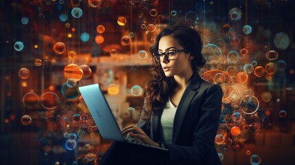 a woman sitting in front of a computer, graphic interface - obrazy, fototapety, plakaty