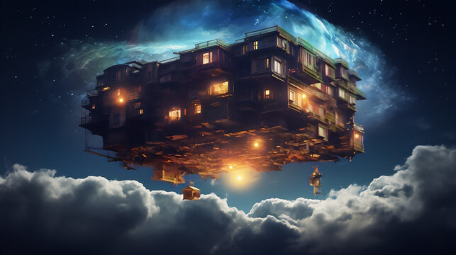 A digital painting of a steampunk airship floating above the clouds with a blue moon in the background.