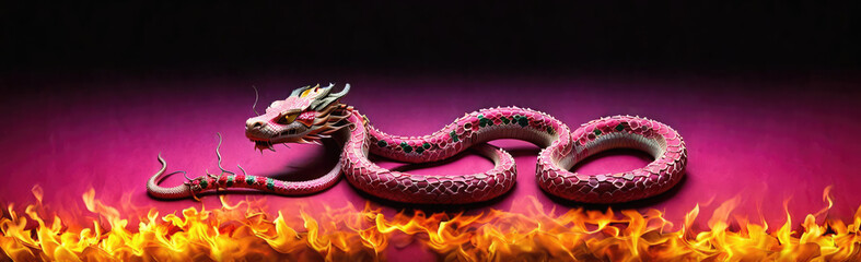 Mystical Fire Dragon and Snake Illustration on Red, Dark Background.