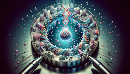 Nanopore sequencing device showcasing DNA strands in vibrant colors.