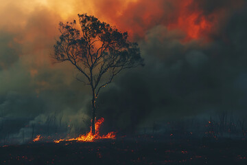 a tree is silhouetted against a fire in a field