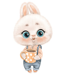 Cute cartoon white bunny with large polka dot cup with cocoa or coffee in paws