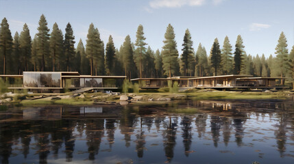 Fototapeta premium Modern lake houses with large glass windows reflecting the water and trees in a peaceful setting.