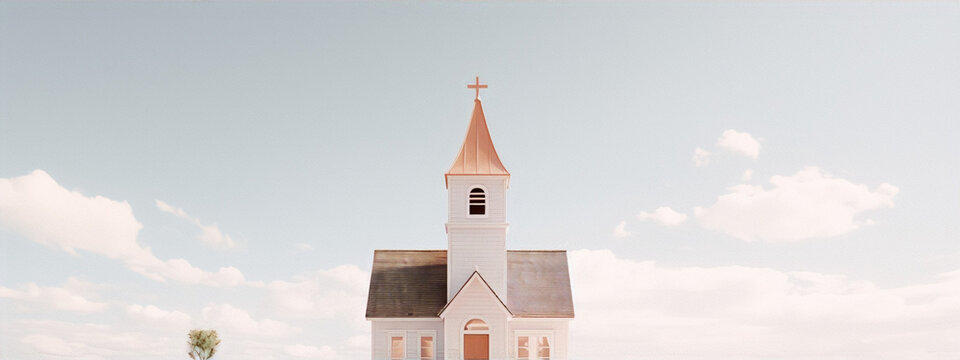 3D rendering of a small church with a copper roof and a cross on top in a surreal cloudy sky