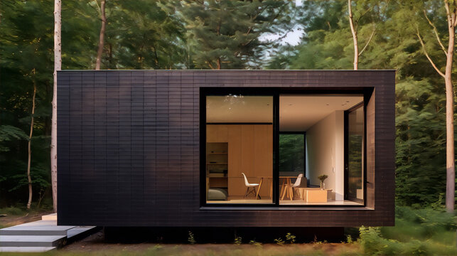 Black modern house exterior with large glass windows surrounded by green trees.