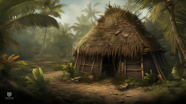 Thatched roof hut in the middle of the jungle with green vegetation all around