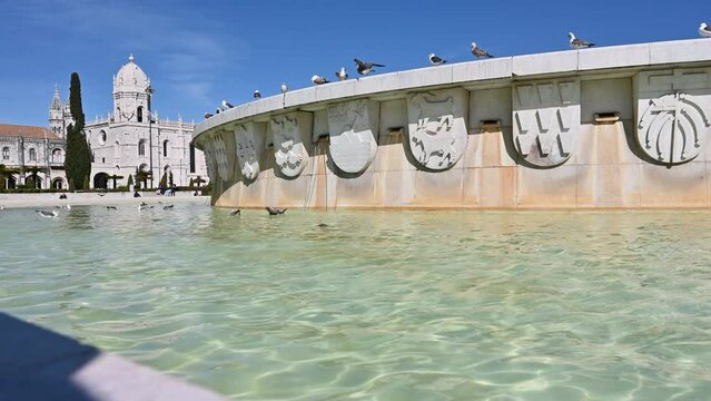 Fountain in front of Jeronimos Monastery in Lisbon, Portugal