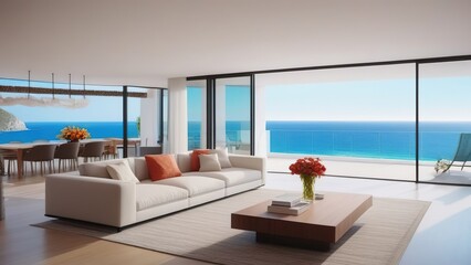 Modern white living room with sea view. the room is furnished with white and gray furniture.The large windows overlook the sea