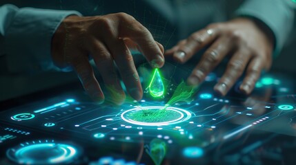 A person interacts with a futuristic touchscreen displaying holographic environmental data