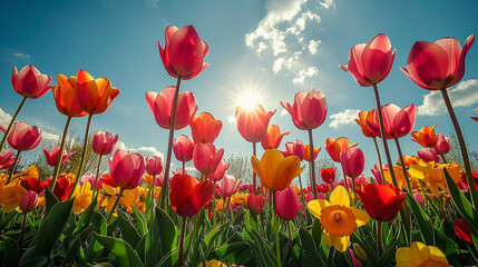 Visualize a picturesque spring city park with vibrant tulips and daffodils carpeting the grassy expanses, creating a riot of colors under the warm sunshine