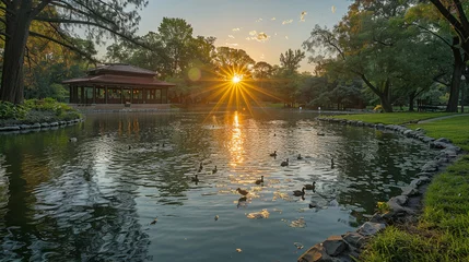 Foto op Aluminium Picture a tranquil spring city park with a charming duck pond at its center, where families gather to feed the ducks and enjoy the idyllic surroundings © Наталья Евтехова