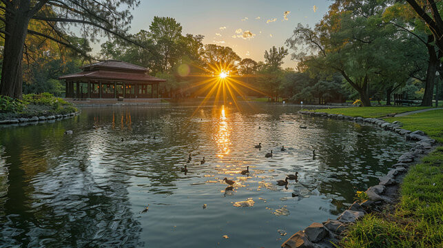 Picture a tranquil spring city park with a charming duck pond at its center, where families gather to feed the ducks and enjoy the idyllic surroundings