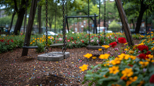 Imagine a lively spring city park filled with the joyful sounds of children playing on swings and slides, their laughter echoing amidst the blooming flowers