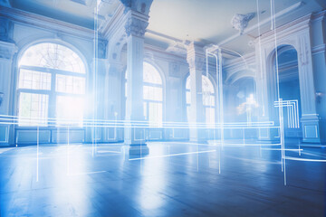 Futuristic blue glowing lines in an empty historical ballroom - obrazy, fototapety, plakaty
