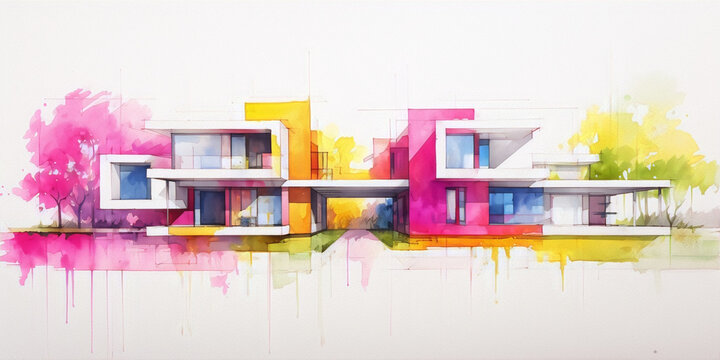 Modern house architectural sketch in watercolor painting style with pink, blue and yellow colors