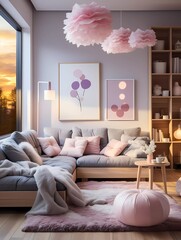 A living room with a pink couch, a potted plant