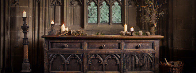 Carved wooden cabinet with candles and dried plants in front of a Gothic window