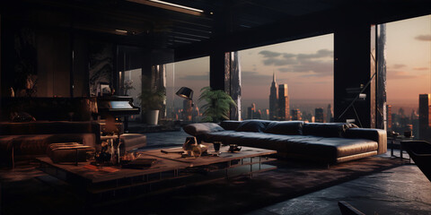 Futuristic living room interior with city view, dark, sunset, piano, plants, 3d illustration