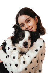a woman hugging her dog  collie isolated on white background, chic, pets, textures, canine, candid moments, isolated background, cutout, png, sweater, happy moments, social media, canva