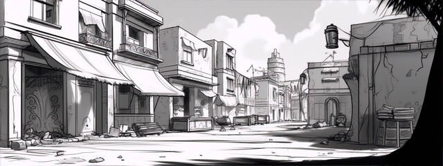 Digital drawing of an empty street in an old middle eastern city with buildings and awnings in black and white.