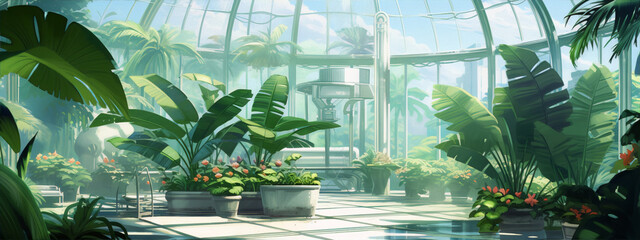 Futuristic greenhouse concept art with lush vegetation and glass dome in the background