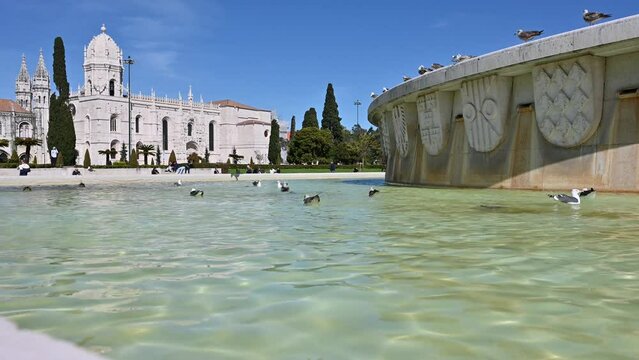 Fountain in front of Jeronimos Monastery in Lisbon, Portugal