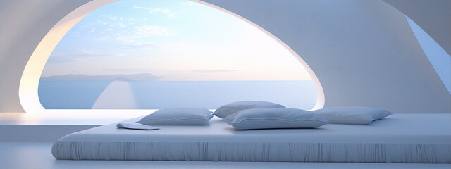 Futuristic bedroom interior with large arched window and sea view in white and blue colors. - obrazy, fototapety, plakaty