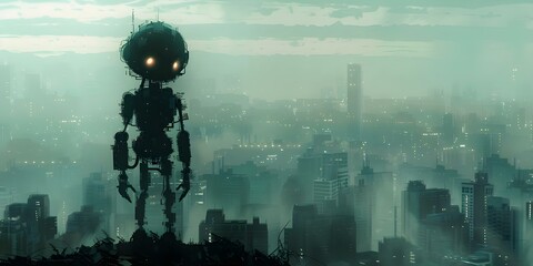 Robotic Silhouette in Urban Landscape. Concept Future Technology, Cityscapes, Artificial Intelligence, Modern Architecture, Dystopian Society
