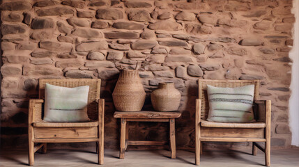 Naklejka premium Two wooden chairs with pillows and a table with vases on it in front of a stone wall