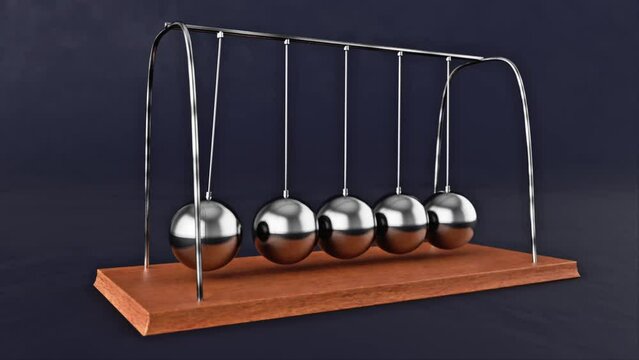 3D animation of Newton pendulum with metal balls swinging perpetually
