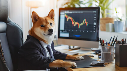 A Shiba dog in a suit sits and poses in the background where the stock chart is displayed on the monitor - obrazy, fototapety, plakaty