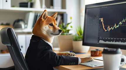 A Shiba dog in a suit sits and poses in the background where the stock chart is displayed on the monitor