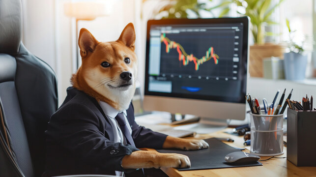 A Shiba dog in a suit sits and poses in the background where the stock chart is displayed on the monitor